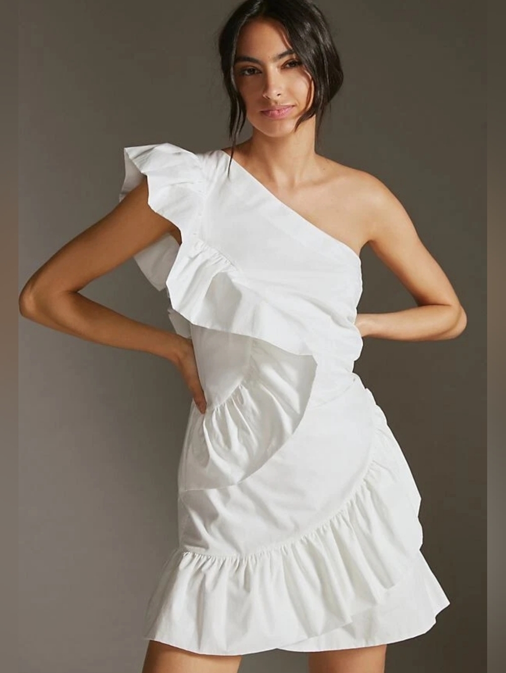 Anthropologie Maeve One Shoulder Ruffled White Mini Dress - Size 6, NWT